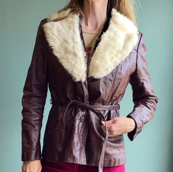 Vintage 70s Oxblood Leather Jacket / White Fur Tr… - image 3