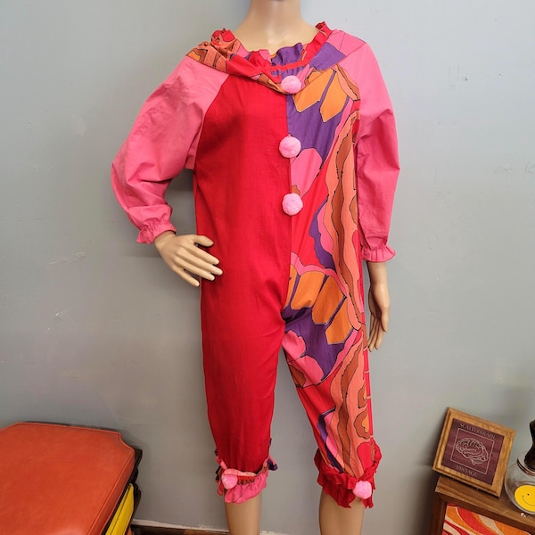 Vintage 60s Psychedelic Clown Costume: Patchwork Pierrot Jumpsuit