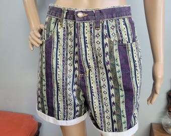 Vtg 80s Geometric Print Denim Shorts, Sostanza Serape