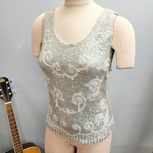 vtg 60s SEQUIN TANK TOP / vintage Hand Full Fashioned size small womens beaded pastel blue ornate spring summer fancy party evening wear top