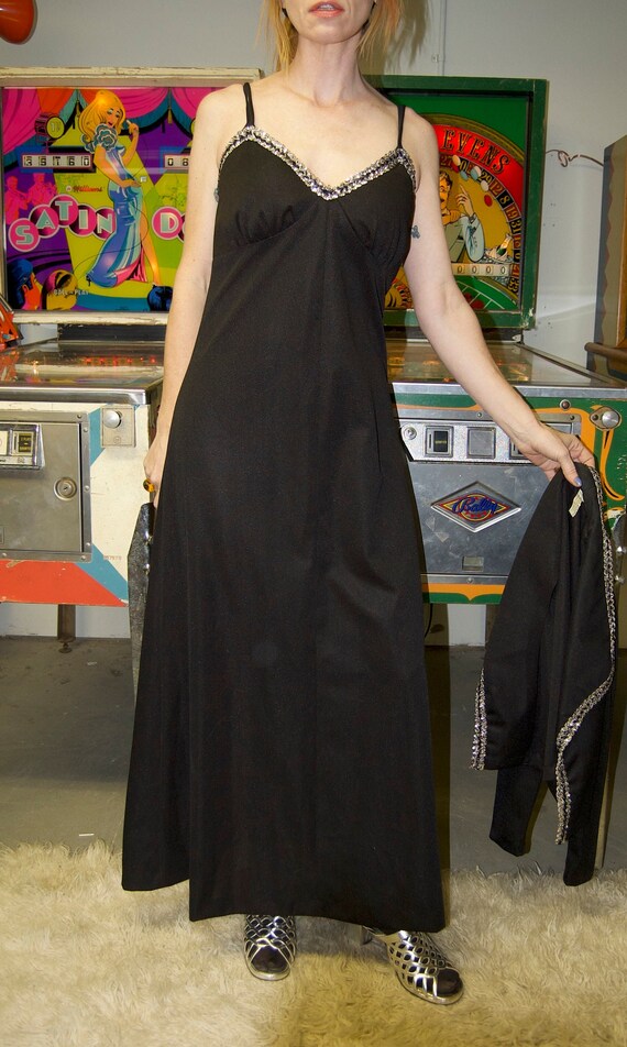 vintage 70s Rhinestone Disco Maxi Dress // Black … - image 8