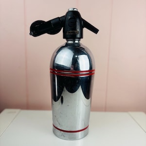 vtg 50s Soda King Silver & Red Seltzer Bottle, MCM Bar Decor
