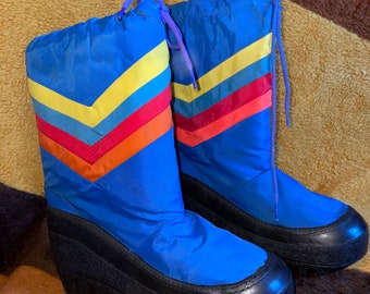 vtg 80s RAINBOW MOON BOOTS nylon chevron striped platform chunky raver club kid snow ski boots