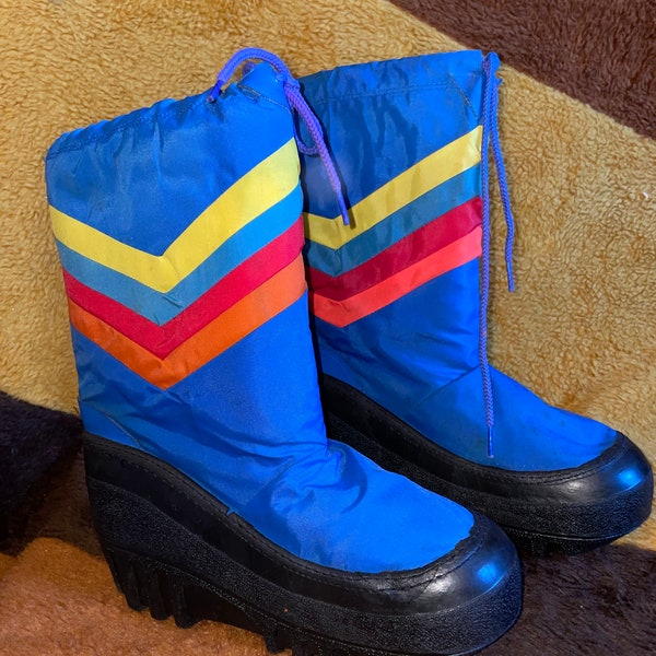 vtg 80s RAINBOW MOON BOOTS nylon chevron striped platform chunky raver club kid snow ski boots