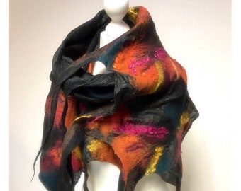 Christmas sale big discount Spring Flowers Shawl, red Flowers, black Luxury Silk Merino Wool Hand made, nuno felting, wearable art gift idea