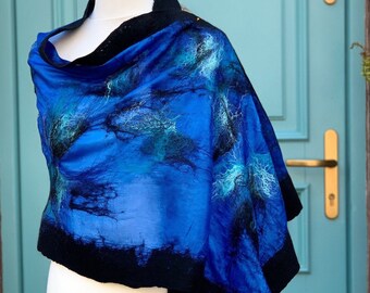 Valentines Mother’s Day gift idea sale silk and merino wool felted fancy scarf blue cobalt emerald felt wearable art