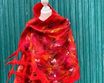 Valentines Mother’s Day sale beautiful red scarf Han felted of merino wool wearable art gift idea fancy stylish shawl