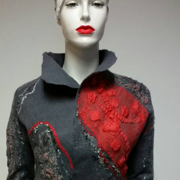 Veste feutrée fantaisie avec soie rouge, manteau, graphite, fibre d'art, idée cadeau,