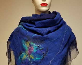 Valentines Mother’s Day sale discount Cobalt shawl, felt, art fibre, real silk, nuno felt, merino wool, hand felted, gift idea, wearable art