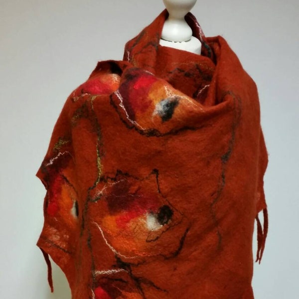 Valentines Mother’s Day sale Felted scarf, orange, flowers, merino wool,  art fibre, felt wearable art