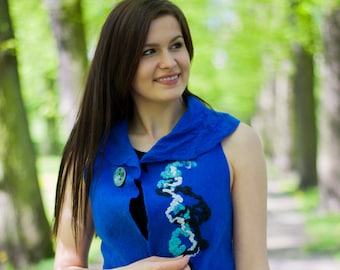 SALE! Felted Vest, Cobalt, gift idea, Hand Made, Merino Wool,Natural Fibers