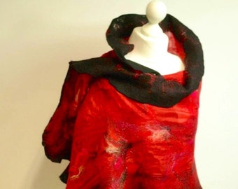 Silk scarf, red shawl, felt, nunofelt, art fibre, gift idea,