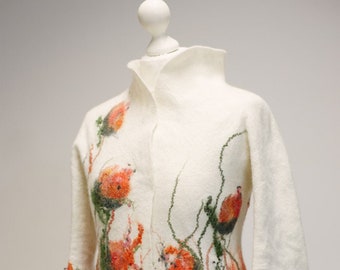 White felted jacket with orange tulips , art fibre, gift idea, ready to ship or all sizes made to ordet