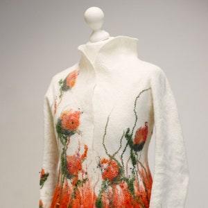 White felted jacket with orange tulips , art fibre, gift idea, ready to ship or all sizes made to ordet