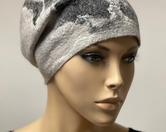 Sale Valentine Mother’s Day gift discount Stylish gray hat with black pattern double side ready to send hand felted merino wool wearable art