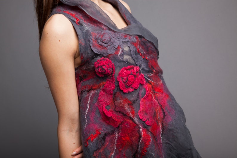 made of silk chifon and merino wool gray and red all sizes made to order Big sale Fancy Vest art fibre gift idea,