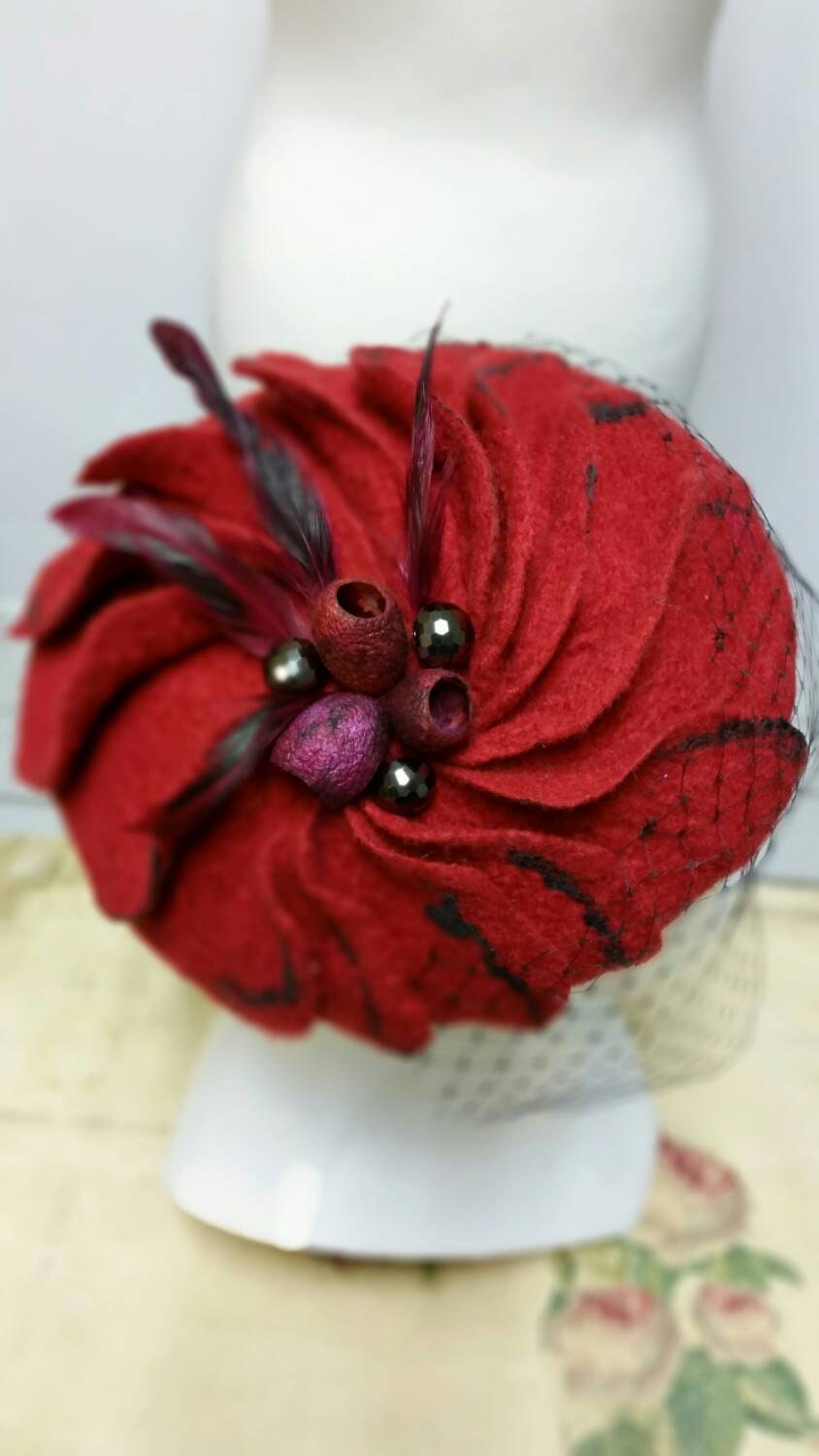 Pillbox Hat Red Fascinator, Birdcage Veil Hat, Face Veil Hat, Coctail