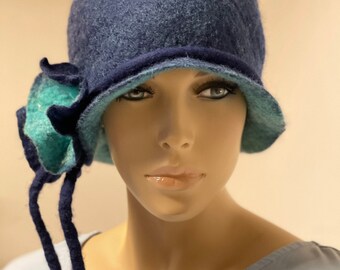 Christmas sale big discount blue hat double sided with stylish flower made of merino wool warm and fancy