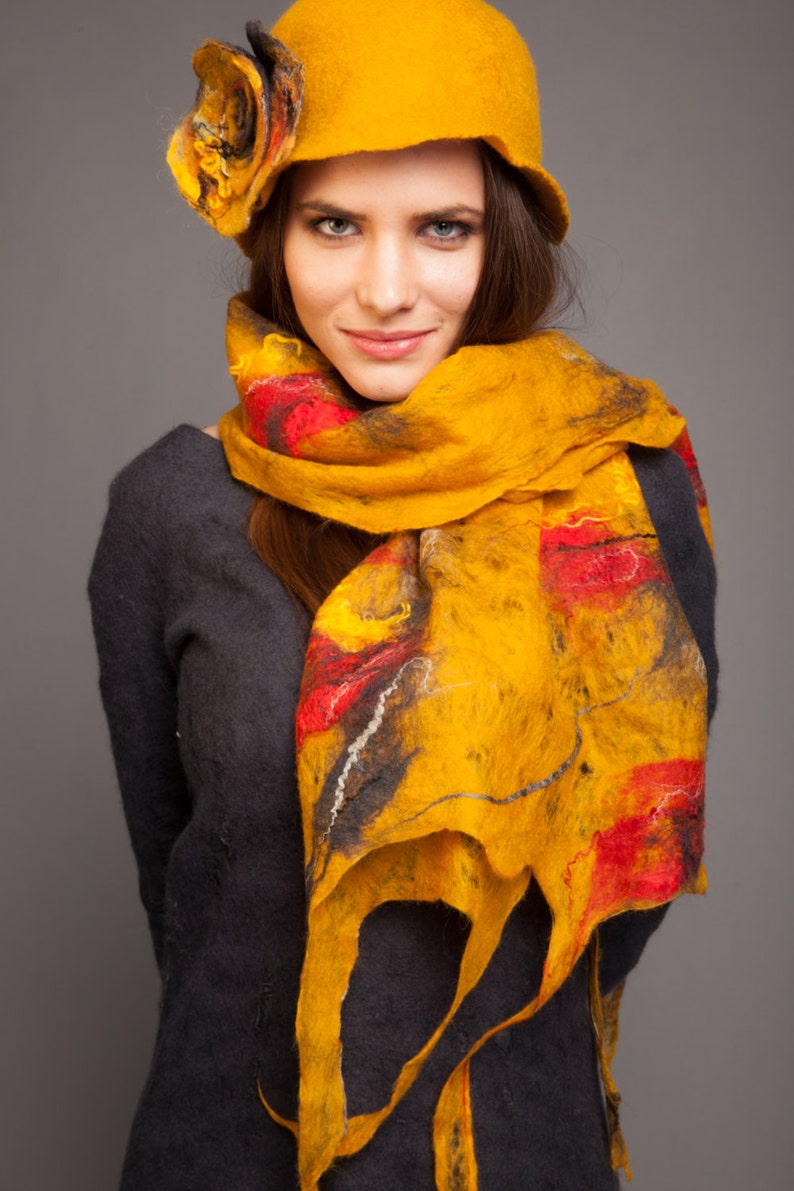 Stylish yellow hat with flower hand felted merino wool Etsy