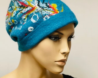 Sale Christmas discount Stylish ready to send blue hat double side with pattern hand felted merino wool wearable art gift idea