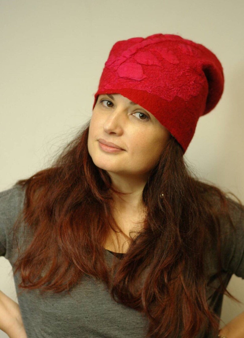 Warm Fancy Hat Red Silk Hand Felted Merino Wool soft wool wearable art christmas gift idea