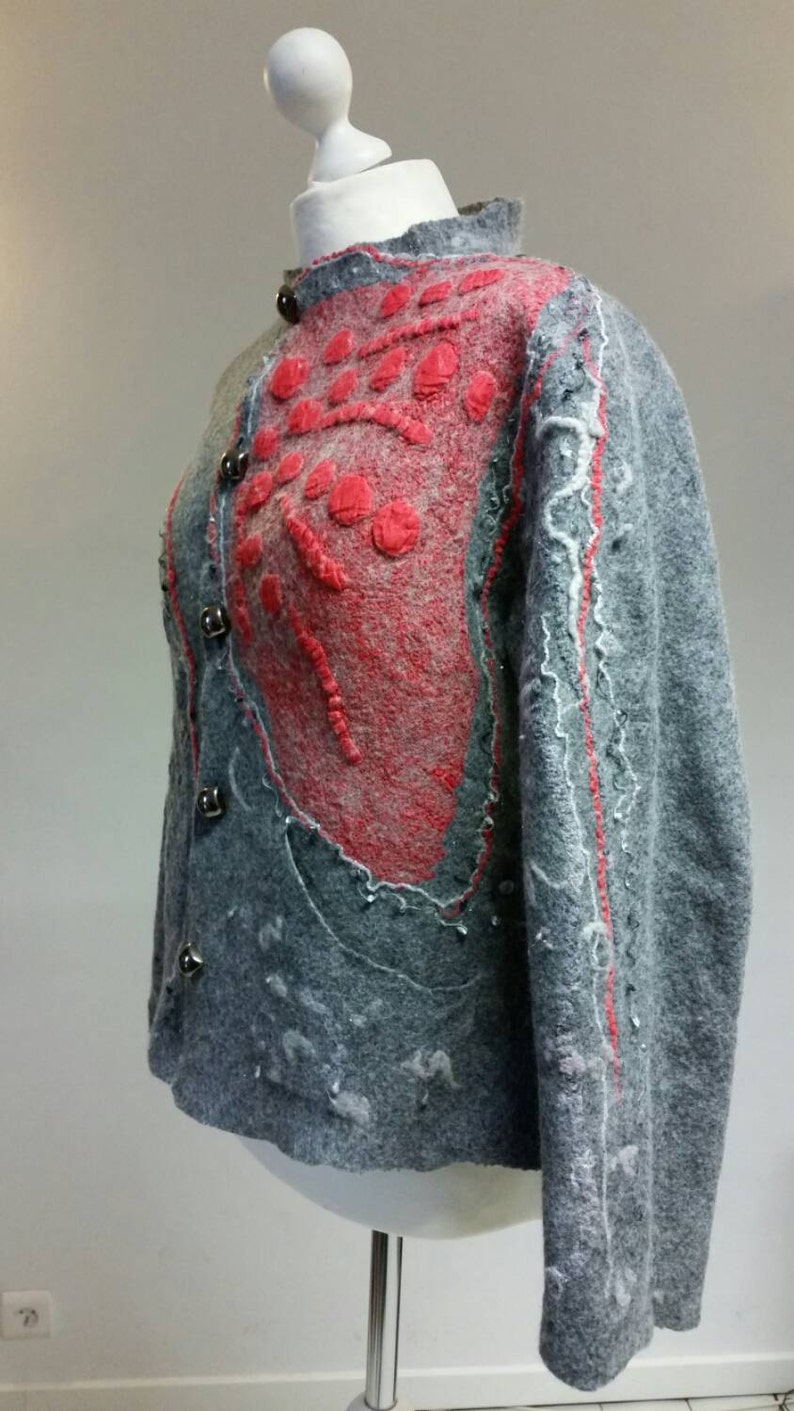 Jacket made of merino wool, red silk,gray coat, wearable art,Ready to ship All sizes made to order, free shipping image 3