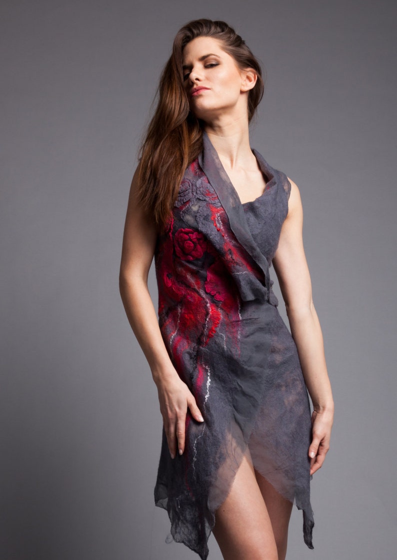 made of silk chifon and merino wool gray and red all sizes made to order Big sale Fancy Vest art fibre gift idea,