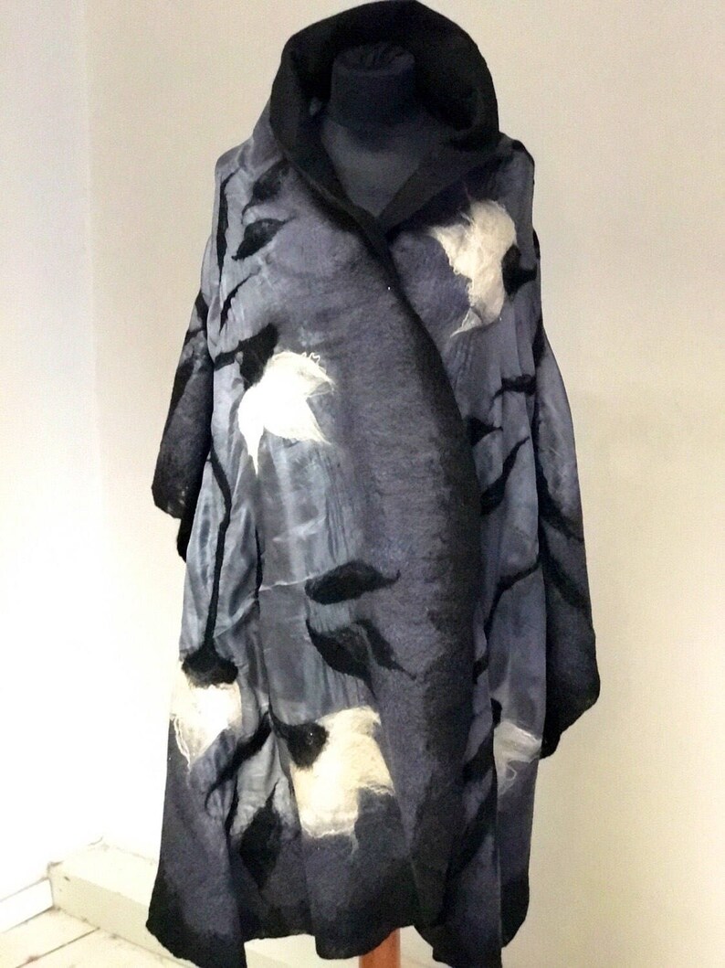 Valentines Mothers Day sale Art felted scarf, Shades of gray silk and merino wool, wearable art, black and white, wearable art gift idea image 3