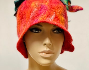 Big Christmas sale price reduced red hat with flower made of merino wool wearable art