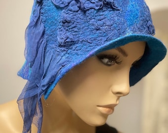 Stylish blue hat with silk material pattern hand felted merino wool ready to send wearable art gift idea