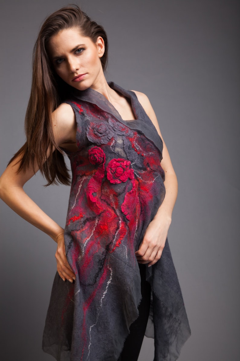 made of silk chifon and merino wool gray and red all sizes made to order Big sale Fancy Vest art fibre gift idea,