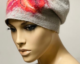 Sale  Valentines  Mother’s Day discount Stylish gray hat with red pattern ready to send hand felted merino wool wearable art gift idea