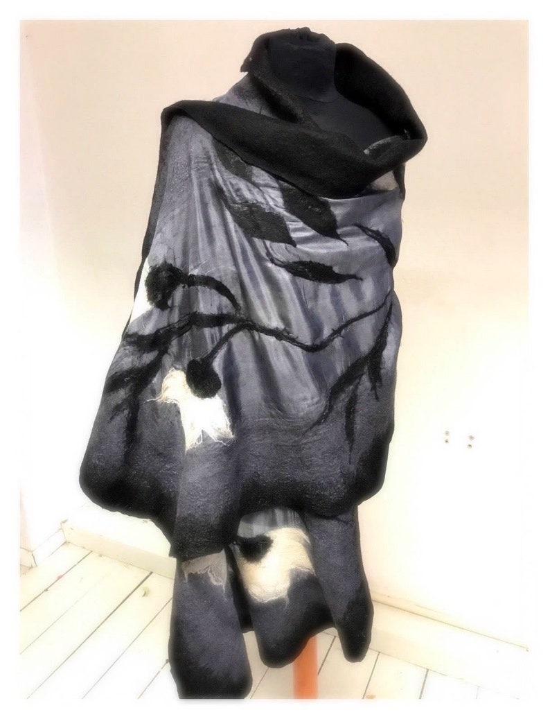 Valentines Mothers Day sale Art felted scarf, Shades of gray silk and merino wool, wearable art, black and white, wearable art gift idea image 1