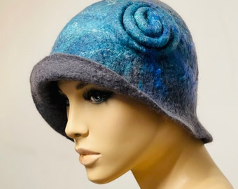 Stylish gray and blue hat  hand felted merino wool hand painted ready to send wearable art gift idea