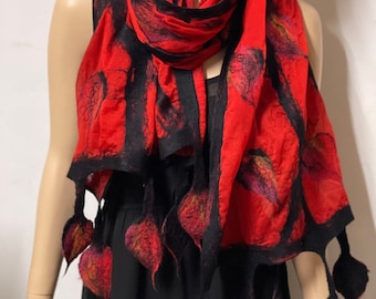 Valentines  Mother’s Day sale Spring Flowers Shawl scarf Black & Red Luxury Silk Merino Wool Hand made, nuno felting, gift art, Wearable Art