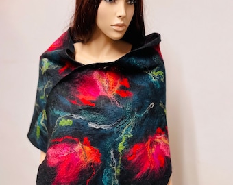 Valentines Mother’s  Day sale Price reduced Big discount Folk black shawl, red flowers, green leafs, hand felted, merino wool art fibre