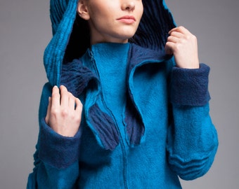 Turquoise Merino Wool Shibori Jacket: Unisex Wearable Art