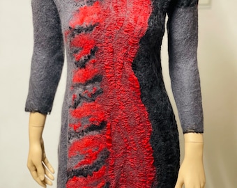 Fabulous Dress, gray silk, merino wool, red chiffon, hand felted, nuno, fetl, art fibre, All sizes available special order