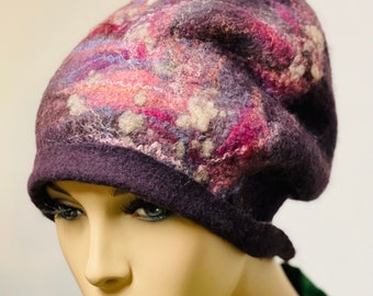 Valentines  Mother’s Day discount Stylish plum hat  with multicolored pattern hand felted merino wool ready to send wearable art gift