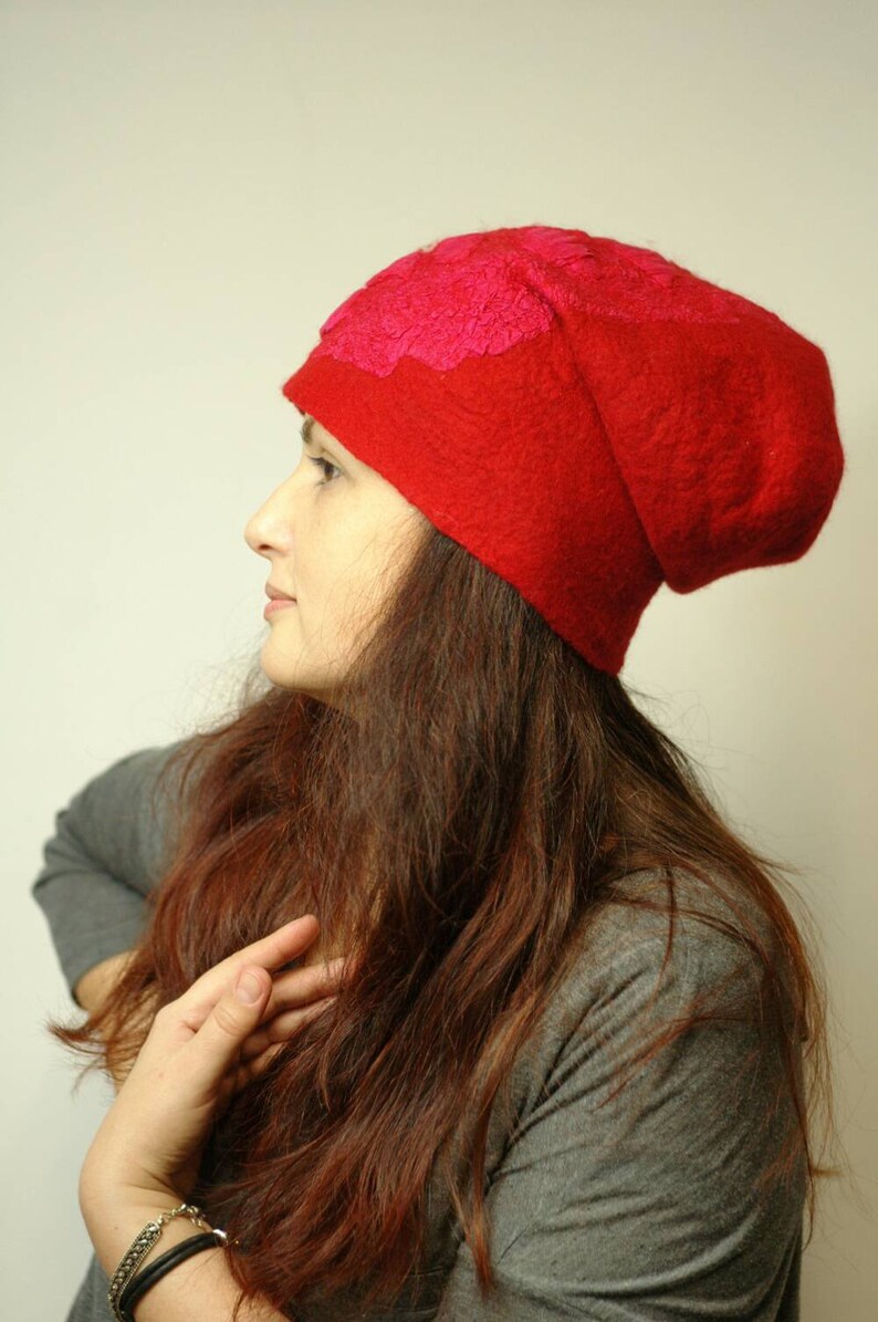 Warm Fancy Hat Red Silk Hand Felted Merino Wool soft wool wearable art christmas gift idea