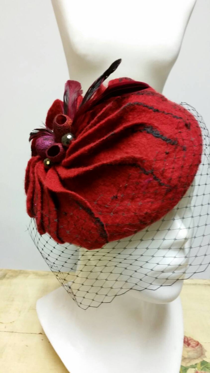 Pillbox Hat Red Fascinator, Birdcage Veil Hat, Face Veil Hat, Coctail