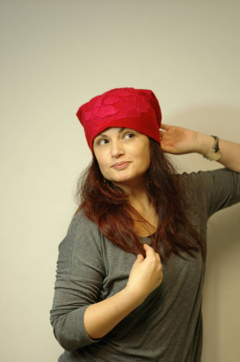 Warm Fancy Hat Red Silk Hand Felted Merino Wool soft wool wearable art christmas gift idea