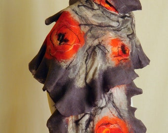 Price reduced Big Sale Christmas discount Silk scarf, grey and red shawl, wool, nuno felt,  flowers, gift idea wearable art