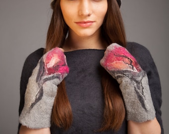 Christmas sale big discount Fabulous mittens- fingerless  gloves, gray and fuchsia merino wool