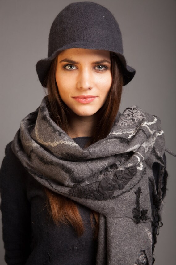Fancy shawl graphite scarf unique felt real silk | Etsy