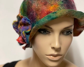 Stylish green and red hand painted hat  hand felted merino wool ready to send wearable art gift idea