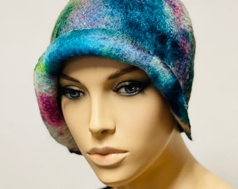 Sale Christmas discount Stylish multicolored hat  hand felted merino wool hand painted ready to send wearable art gift idea