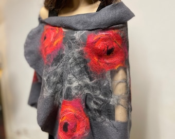 Valentines Mother’s Day sale Silk scarf, grey and blue shawl, wool, nuno,  flowers, gift idea, wedding, gift idea