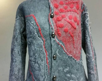 Jacket made of merino wool, red silk,gray coat, wearable art,Ready to ship? All sizes made to order, free shipping!