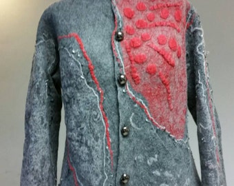 Jacket made of merino wool, red silk,gray coat, wearable art,Ready to ship? All sizes made to order, free shipping!